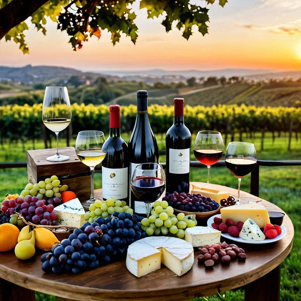 A beautifully arranged wine tasting table featuring a variety of wine bottles, elegant wine glasses filled with different red and white wines, surrounded by an assortment of gourmet cheese, fruits, and chocolates. The backdrop includes a vineyard with lush grapevines under a sunset sky, creating a warm and inviting atmosphere. Soft lighting enhances the mood, making it perfect for an elegant celebration. vibrant colors. super-realistic.