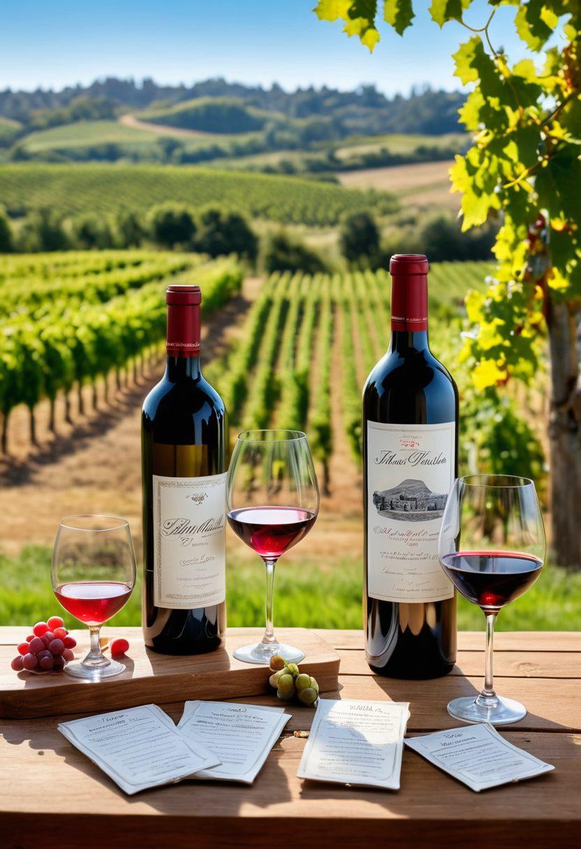 A beautifully arranged wooden table featuring an array of wine bottles, some vintage with intricate labels, and elegant wine glasses filled with a range of red, white, and rosé wines. In the background, an open vineyard with rolling hills, lush grapevines under a clear blue sky. Soft ambient lighting creating an inviting atmosphere for a wine tasting event. A few tasting notes and cheese platters subtly placed around. super-realistic. vibrant colors. painting.