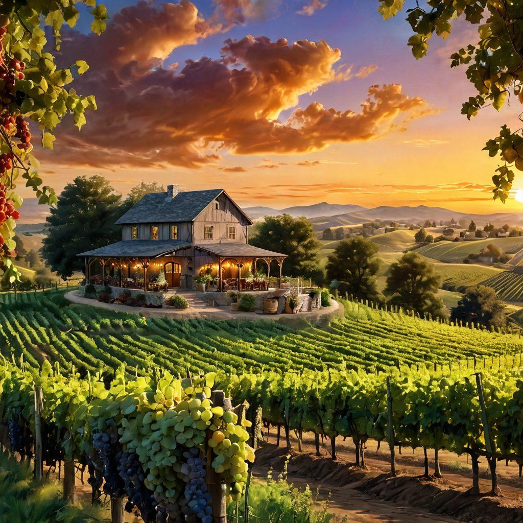 A picturesque vineyard landscape showcasing a mix of local gems and premium wine collections, featuring rolling hills, grapevines laden with ripe grapes, and sun-drenched wine barrels. Include an inviting rustic winery building in the background with lush greenery and a vibrant sunset casting warm tones. Add wine glasses filled with different varieties of wine in the foreground to enhance the tasting experience. super-realistic. warm colors. vibrant sunset.